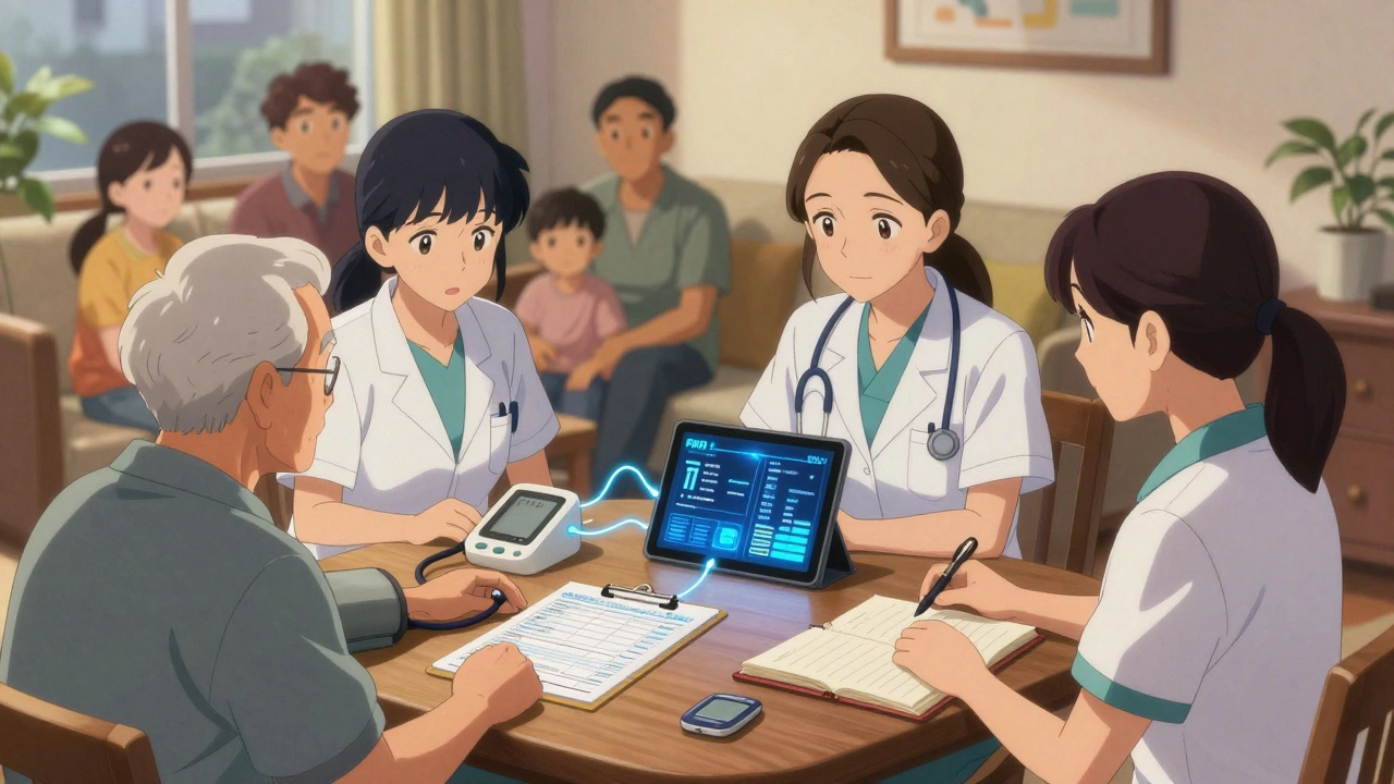 Une équipe de soins à domicile révise les médicaments d&#039;un patient chez lui, avec des outils médicaux sur la table.