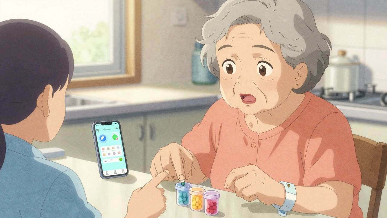 Une femme âgée explique à une infirmière comment elle prend ses médicaments, avec une application sur un téléphone.