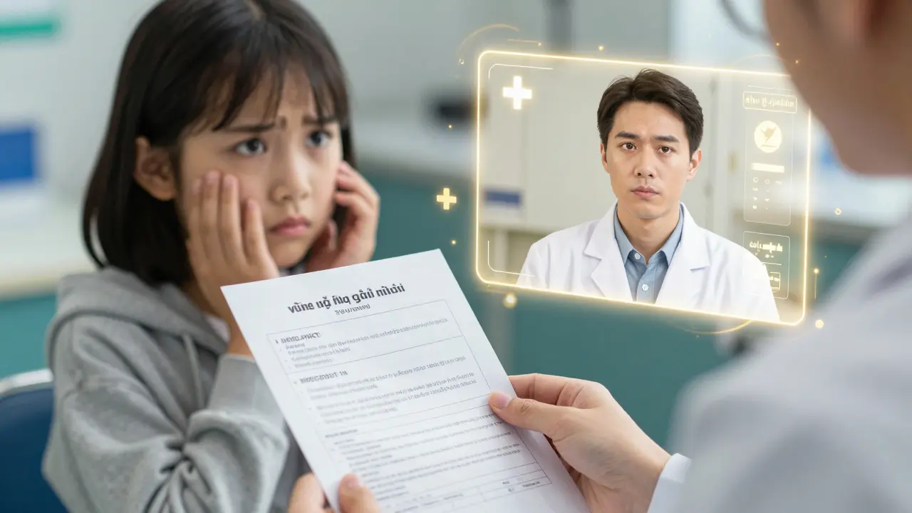 Une feuille d'instructions en vietnamien est remise à un patient, tandis qu'une interprète virtuelle apparaît en hologramme.