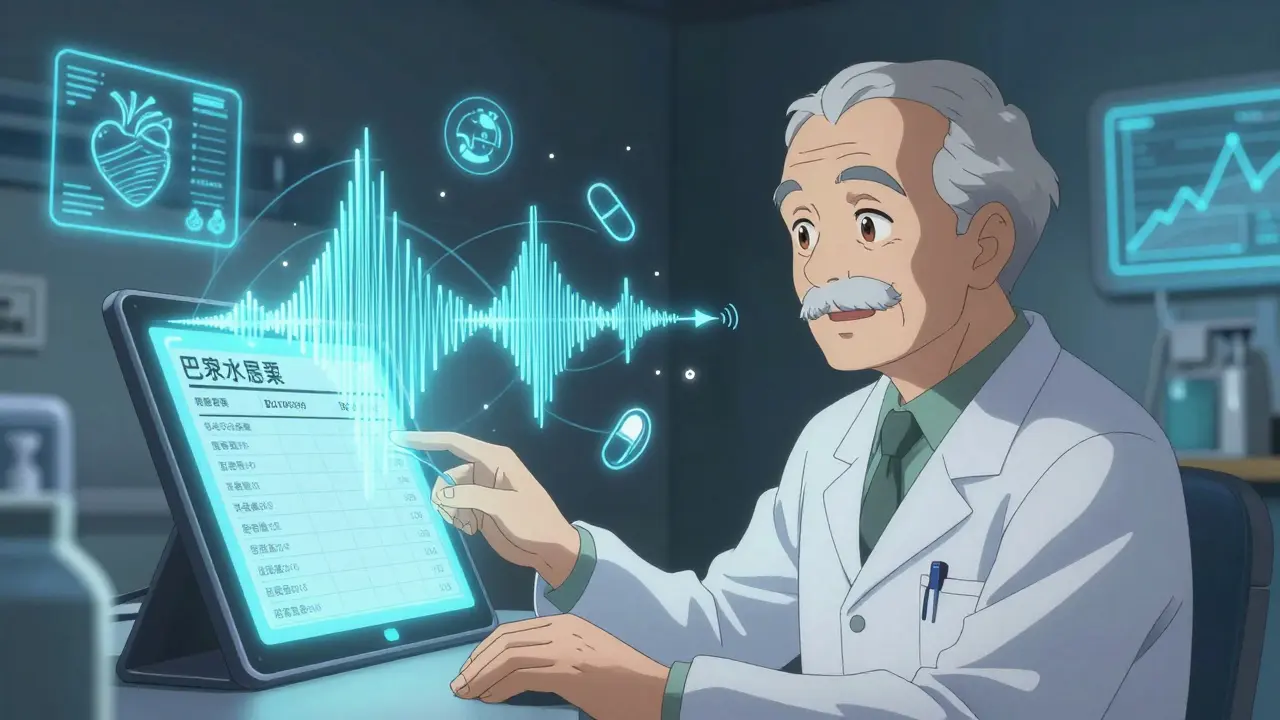 Une intelligence artificielle résume en audio les résultats médicaux d&#039;un patient, avec des ondes sonores flottantes dans une pièce sombre.