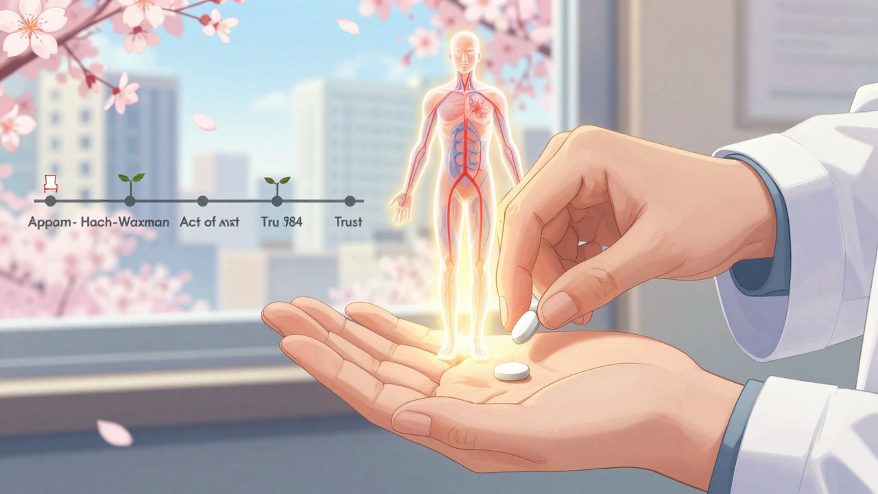 Une main offre une pilule générique à un patient, avec un corps humain transparent montrant une absorption identique à la marque.