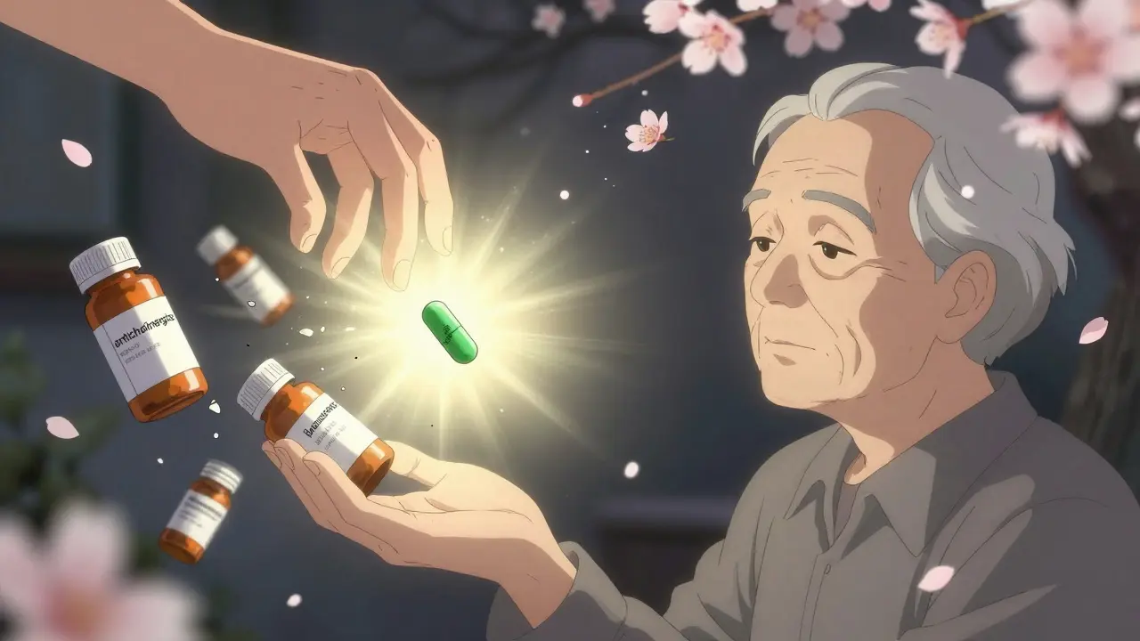 Une personne âgée voit ses médicaments inutiles disparaître, remplacés par une pilule de déprescription.