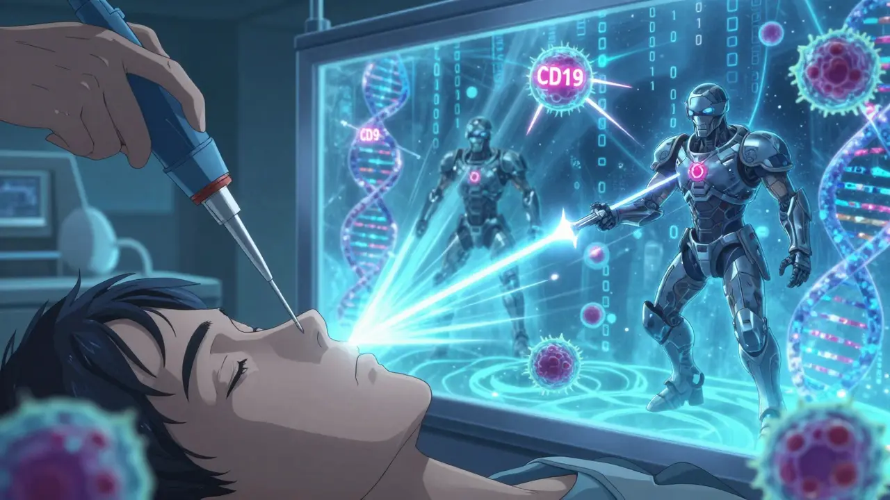 Cellules T transformées en guerriers CAR-T dans un réacteur biologique lumineux.