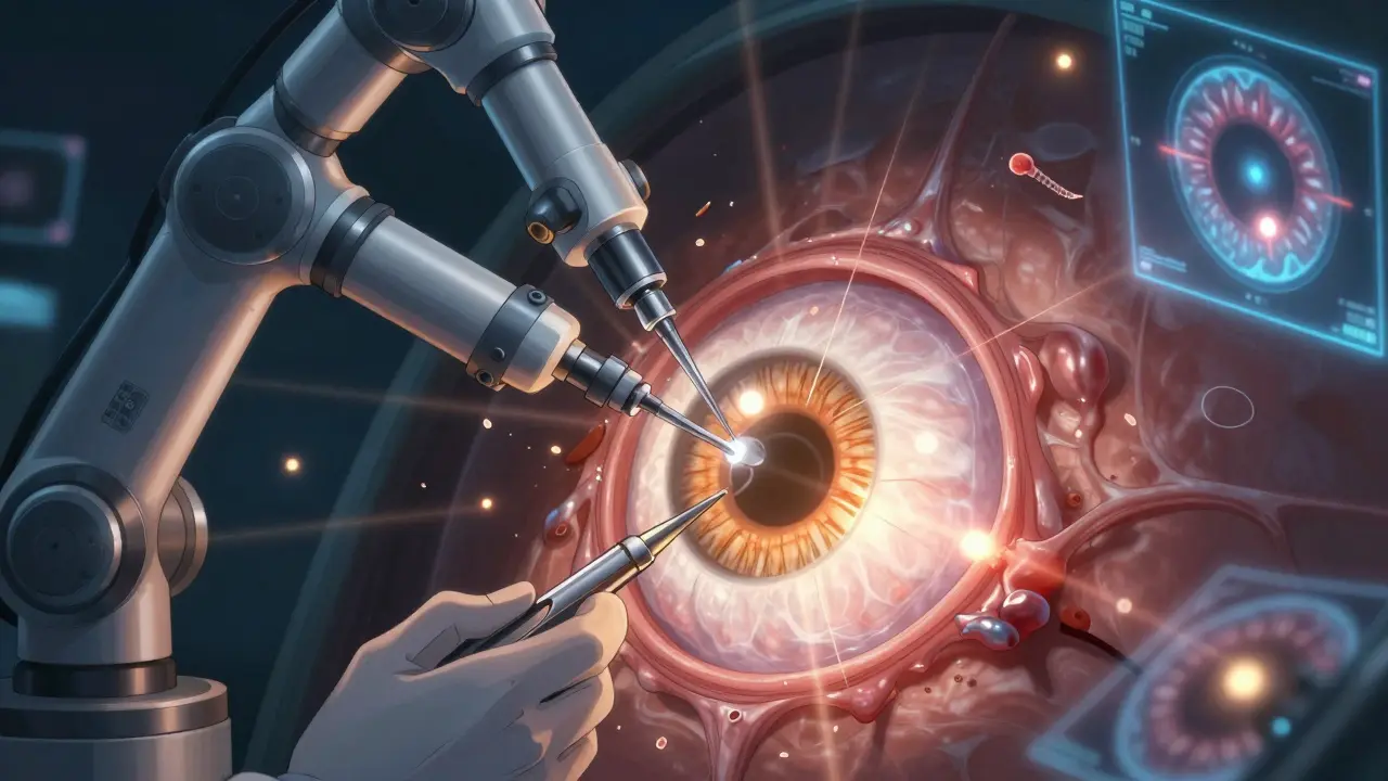 Chirurgie intra-oculaire détaillée avec outils robotisés et membrane rétinienne en cours de réparation.