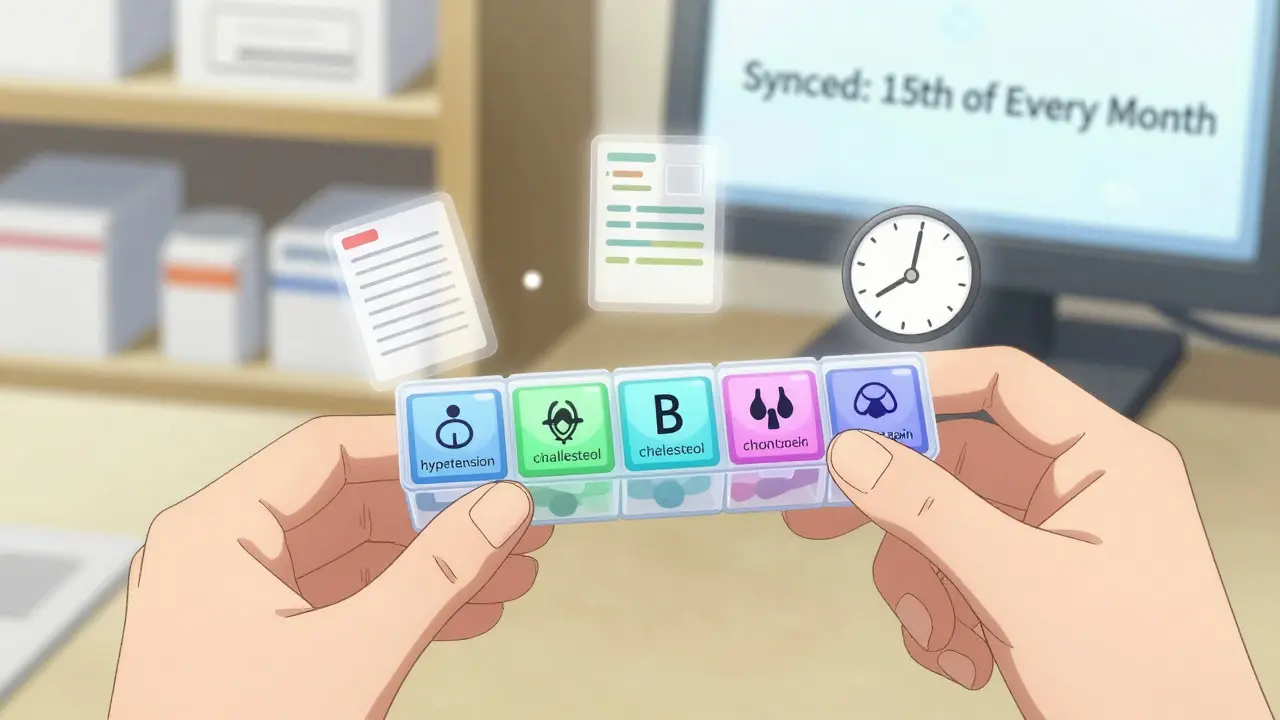 Des mains de pharmacien organisent un organisateur mensuel de médicaments pour maladies chroniques.