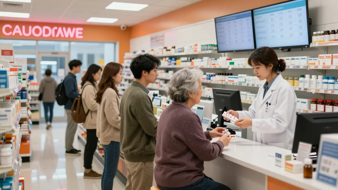Des patients attendent calmement dans une pharmacie canadienne pour récupérer tous leurs médicaments en une seule visite mensuelle.