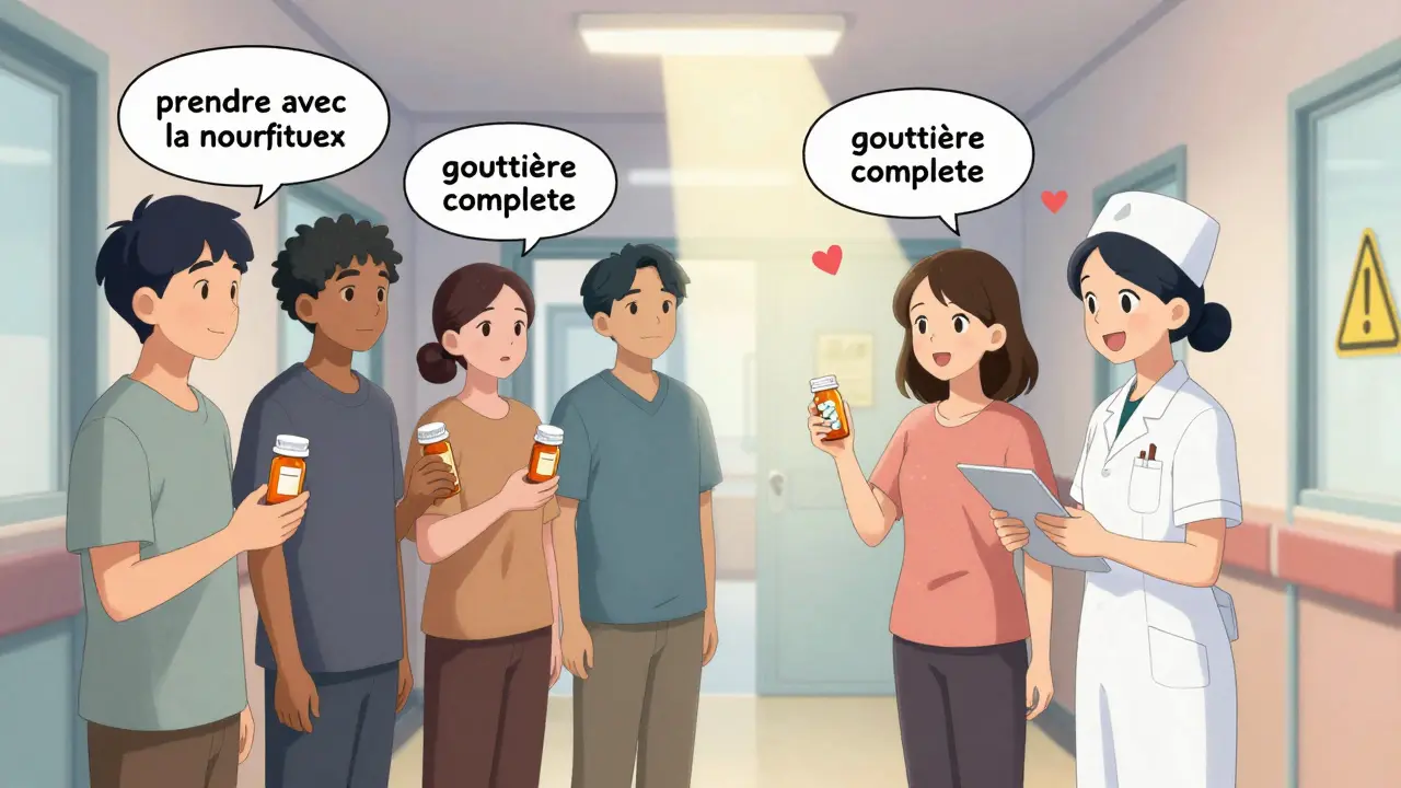 Des patients dans un couloir d'hôpital tiennent des médicaments avec des instructions incompréhensibles, tandis qu'une femme répète les instructions à une infirmière, symbole de compréhension et de sécurité.