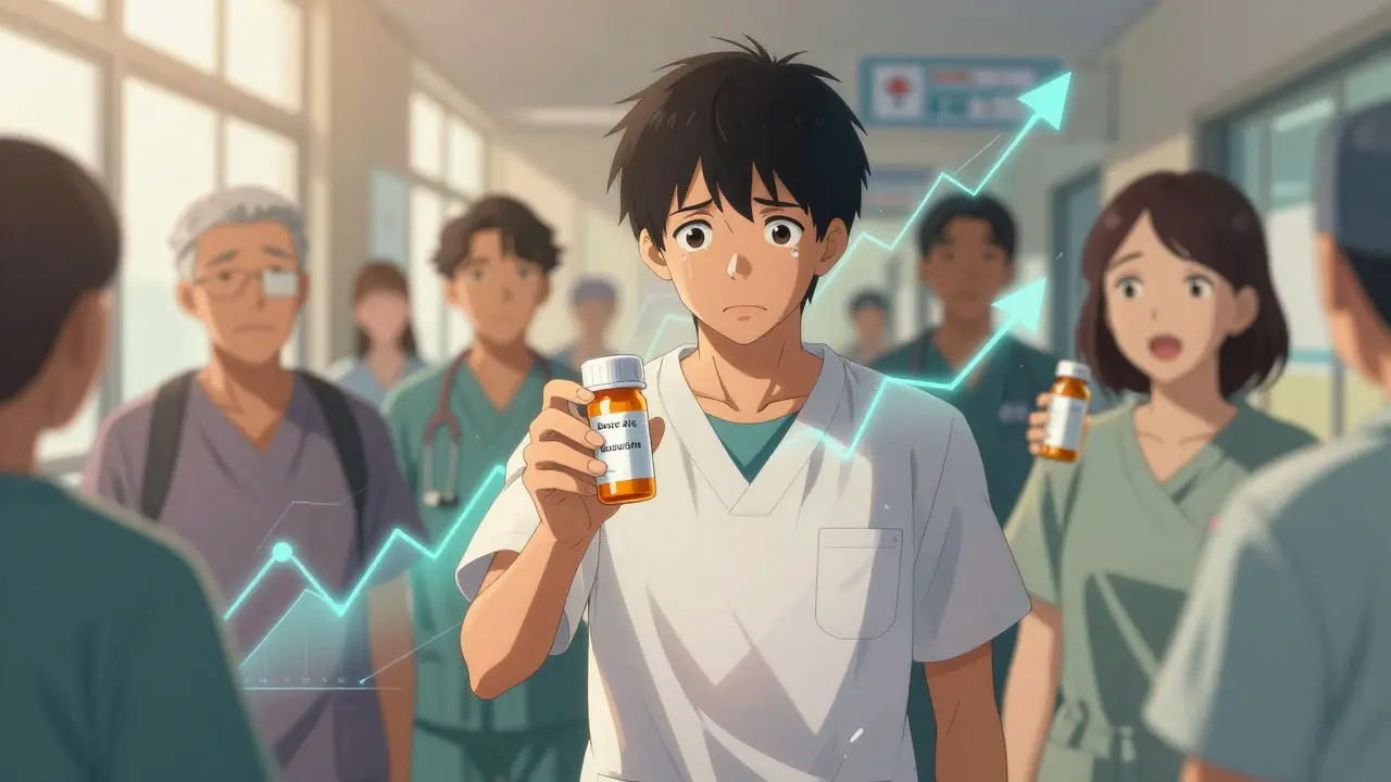 Des patients dans un couloir hospitalier, l'un triste avec un médicament cher, l'autre souriant avec une alternative moins coûteuse.