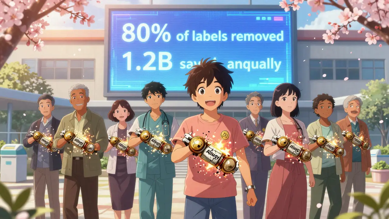 Des patients retirent des bracelets d'allergie qui se transforment en badges de pénicilline, sous un écran affichant des statistiques de santé.