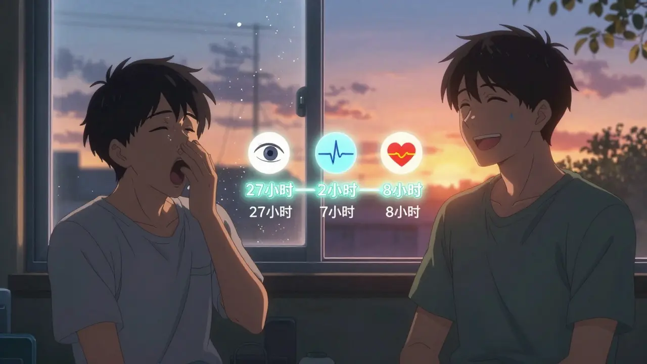 Deux adultes comparés : l'un fatigué à la tombée du jour, l'autre énergique au coucher du soleil.