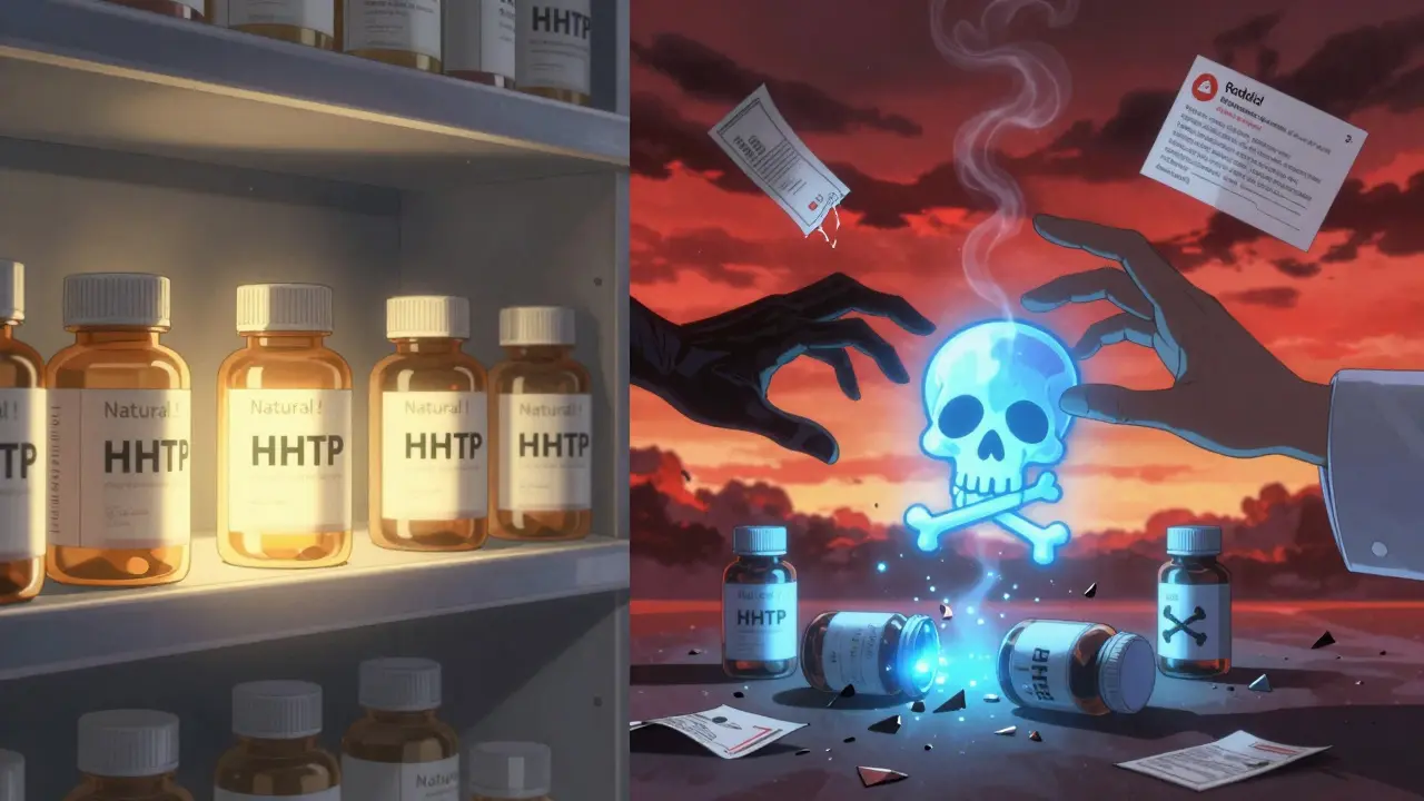 Étagère de pharmacie avec des compléments 'naturels' qui se transforment en symboles de mort, main du médecin bloquant le danger.