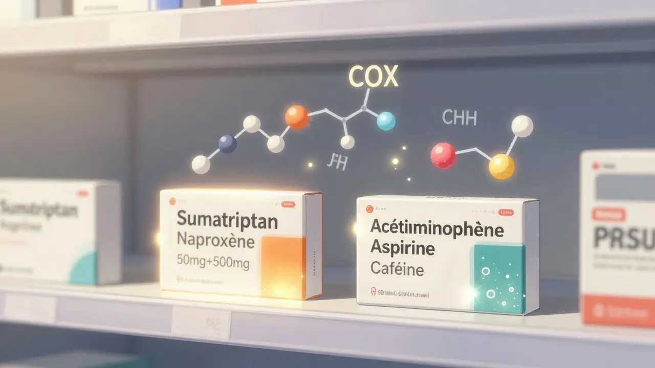 Étagère de pharmacie avec des génériques de traitement de la migraine et des structures moléculaires flottantes.
