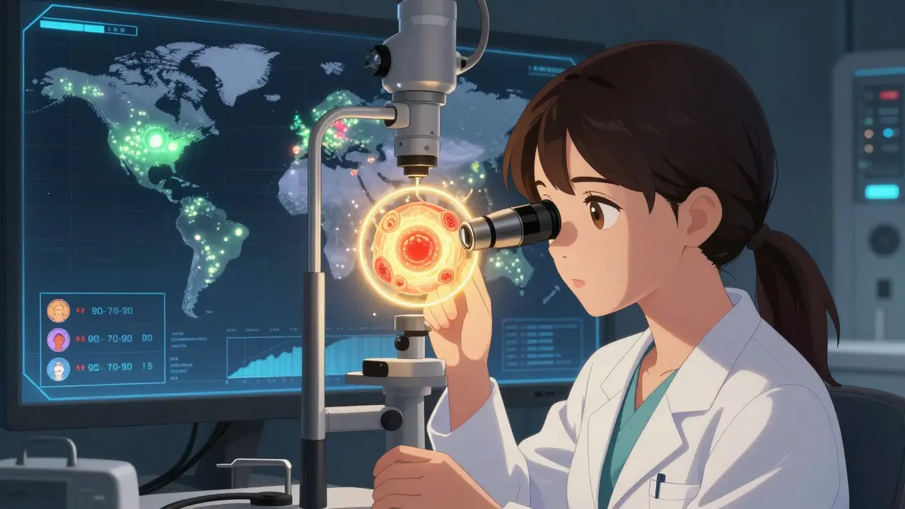 Examen colposcopique high-tech avec une carte mondiale montrant les progrès de la prévention du cancer du col.