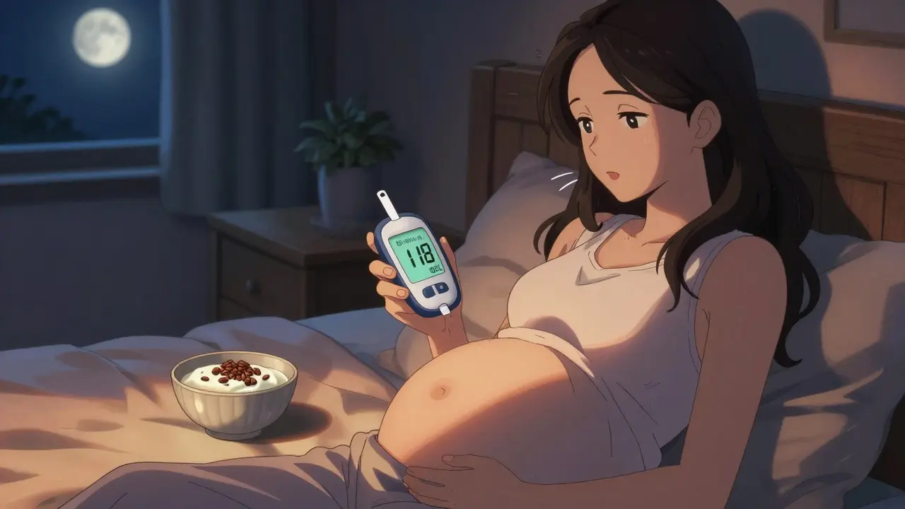 Femme enceinte vérifiant sa glycémie la nuit, accompagnée d'une collation saine sous la lumière de la lune.