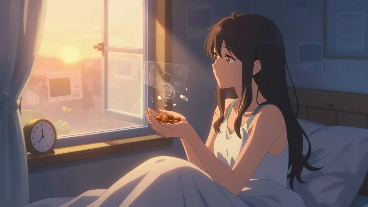 Femme réveillée au lever du soleil, tenant des amandes, la lumière dorée envahissant la chambre, symbole de rétablissement du sommeil.