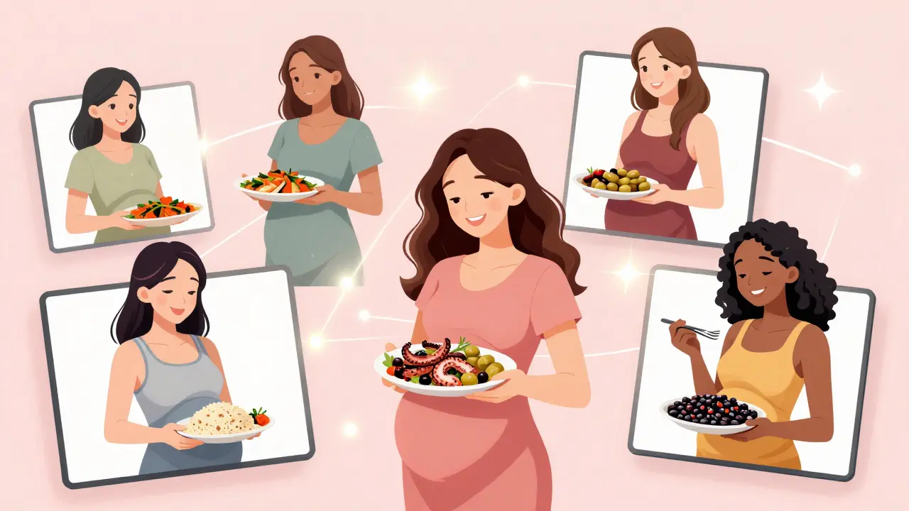 Groupe de femmes enceintes en ligne partageant des repas culturels adaptés au diabète gestationnel.