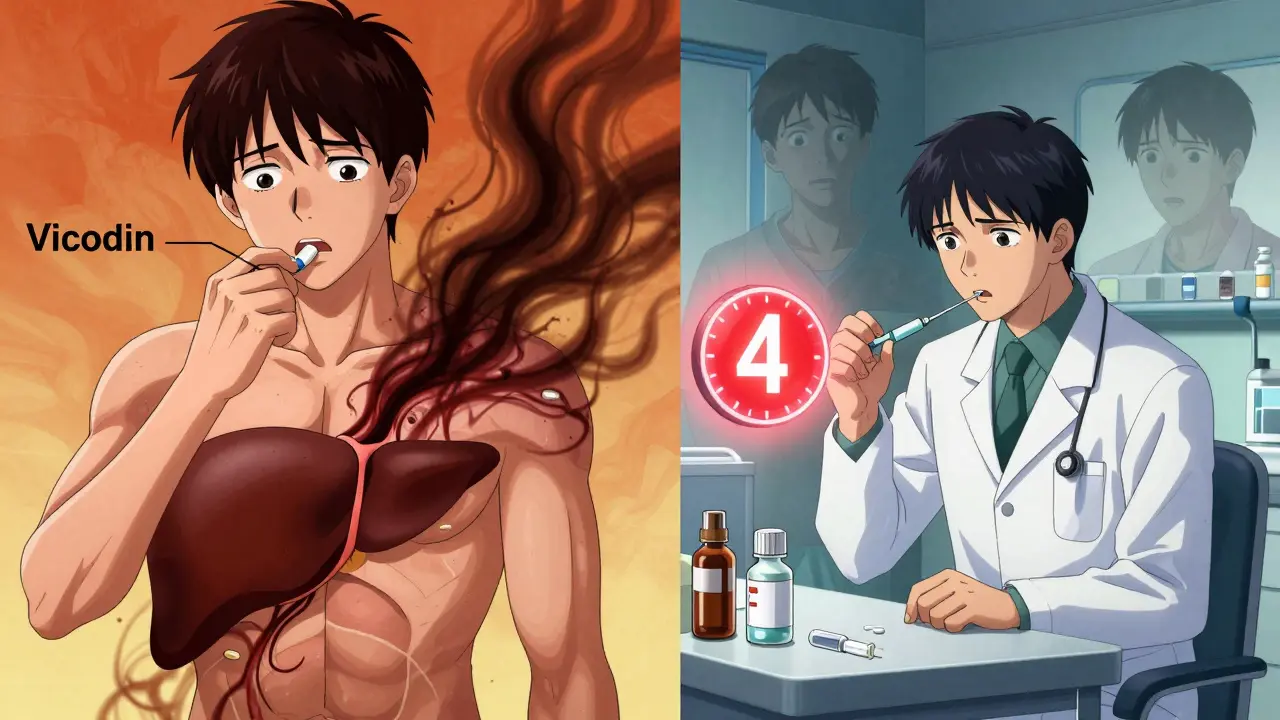 Illustration manga montrant une personne avalant des comprimés et un foie en train d'être détruit, avec un timer de 4 heures en arrière-plan.