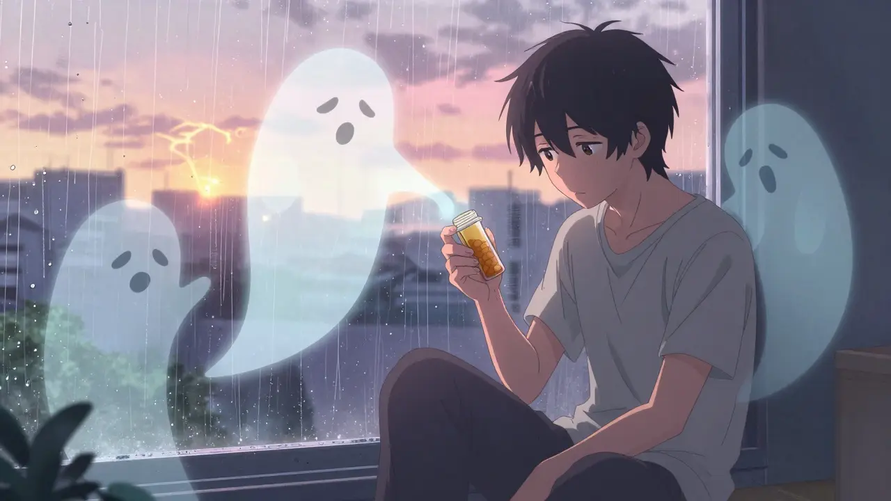 Jeune adulte au bord d'une fenêtre, entouré de fantômes émotionnels qui s'évanouissent au lever du soleil.