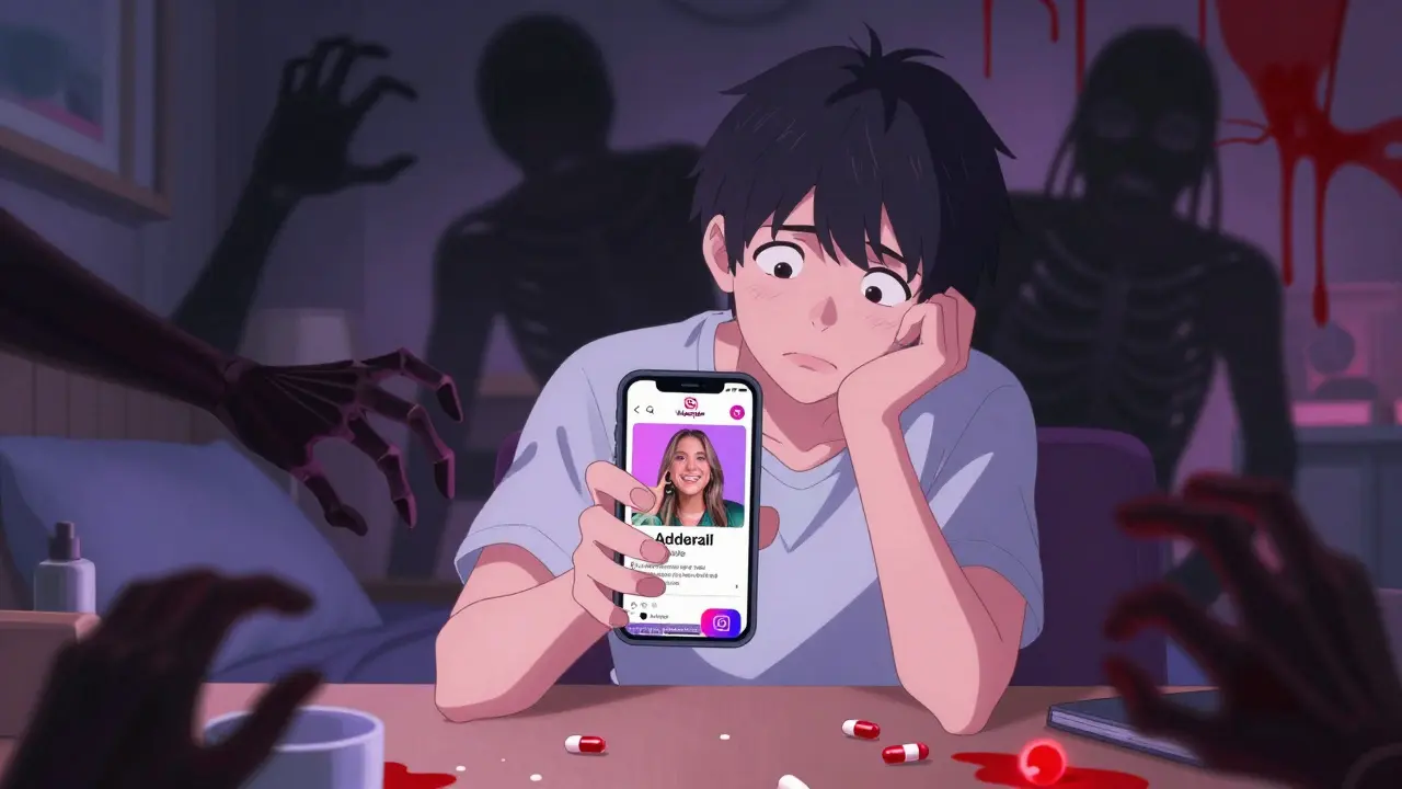 Jeune adulte regardant un faux publicité sur téléphone, des mains squelettiques sortant de l'écran, pilules dangereuses éparses.