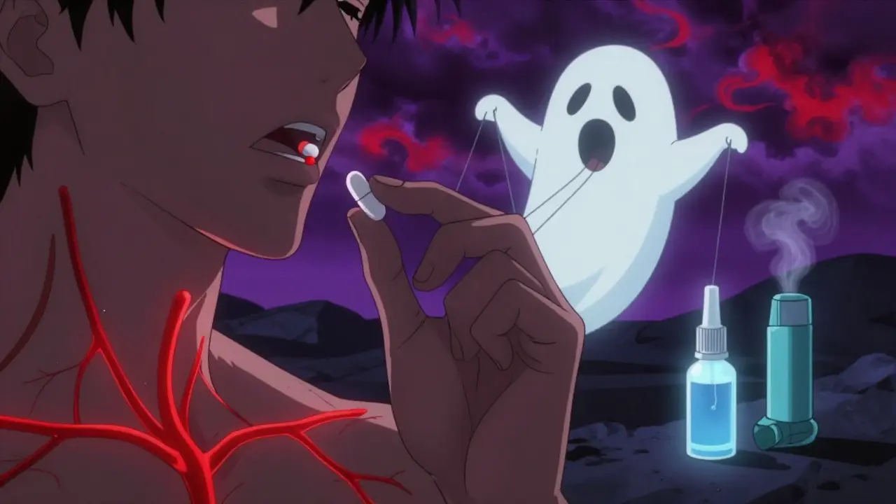 Main tenant une pilule avec des vaisseaux sanguins rouges brillants et une ombre maléfique de décongestionnant.