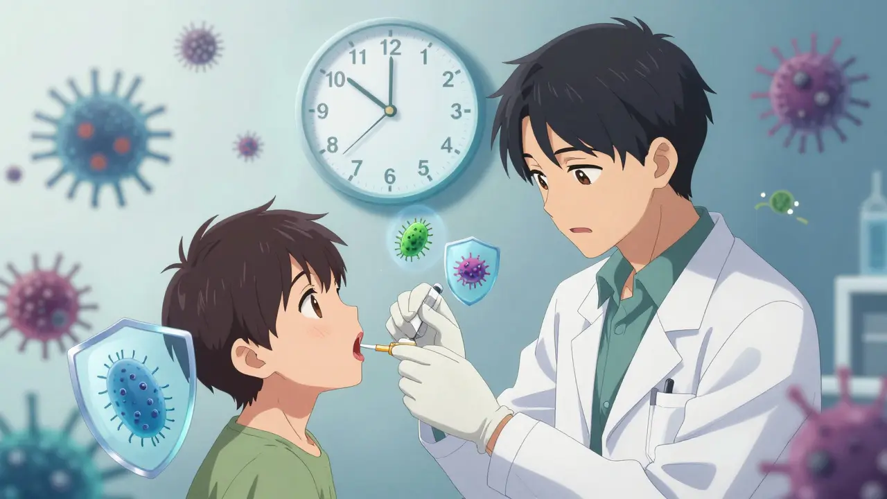 Médecin administre une dose orale d'amoxicilline sous surveillance, des icônes de bactéries sécurisées entourent le patient.