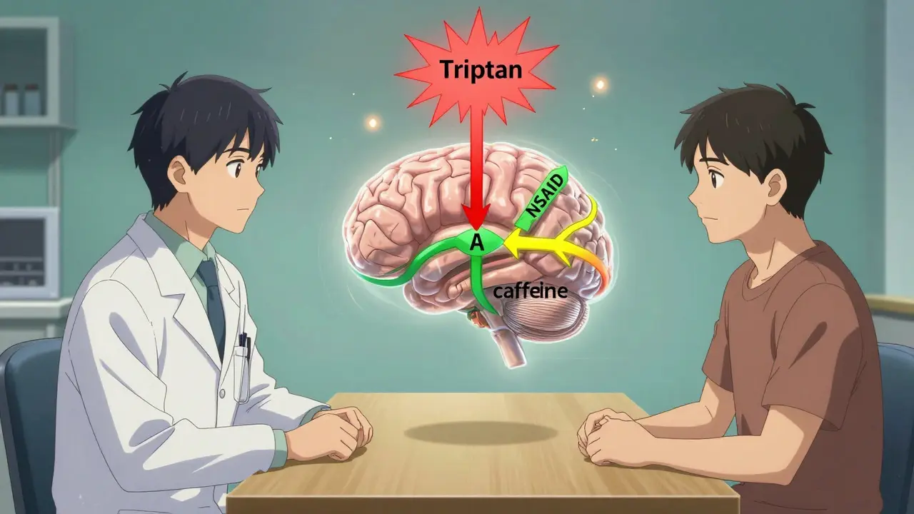 Modèle 3D du cerveau montrant trois traitements synchronisés pour arrêter une crise de migraine.