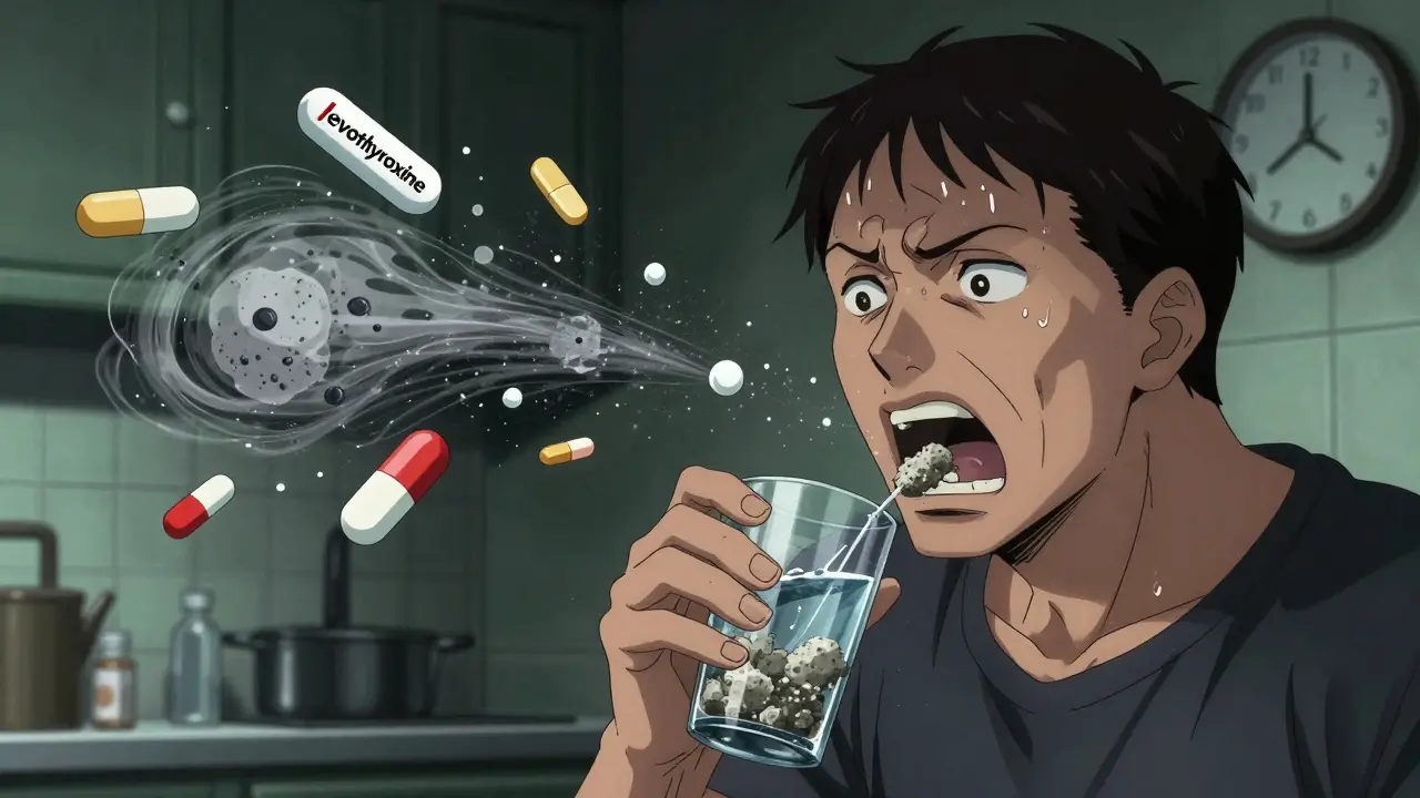 Patient peinant à avaler un comprimé granuleux, des médicaments flottent et sont aspirés par un vortex.