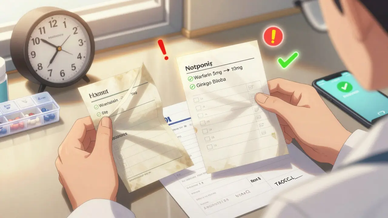 Pharmacien compare deux listes de médicaments sur une table de cuisine au crépuscule.