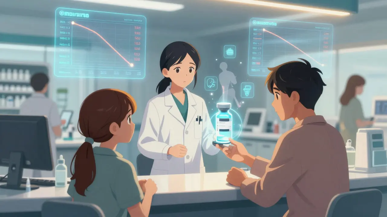 Pharmacien remet un biosimilaire à un patient dans une pharmacie futuriste.