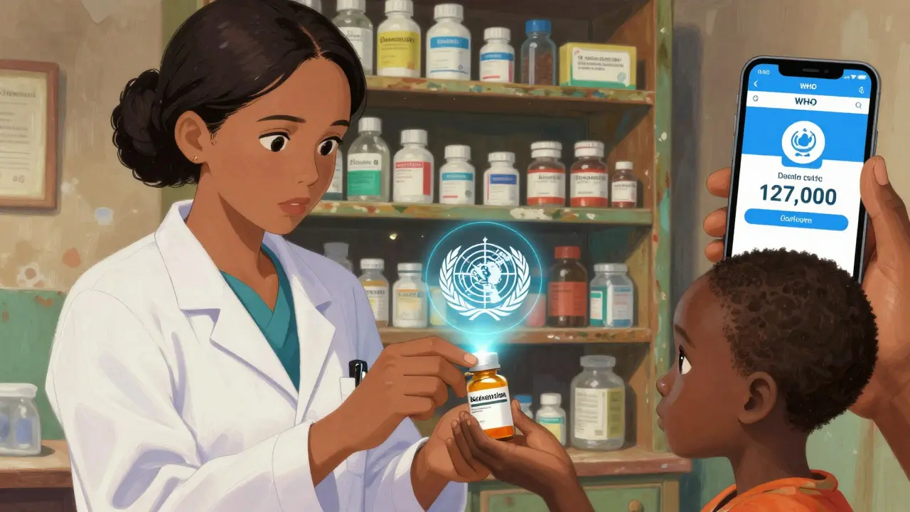 Pharmacienne offrant un générique certifié à un enfant, avec l'application OMS en arrière-plan.