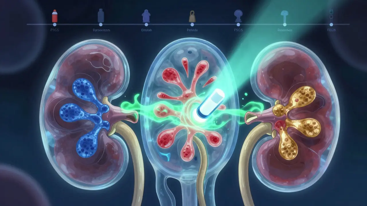 Rein avec trois sous-types de FSGS en lumière, guéri par un traitement ciblé en énergie verte.