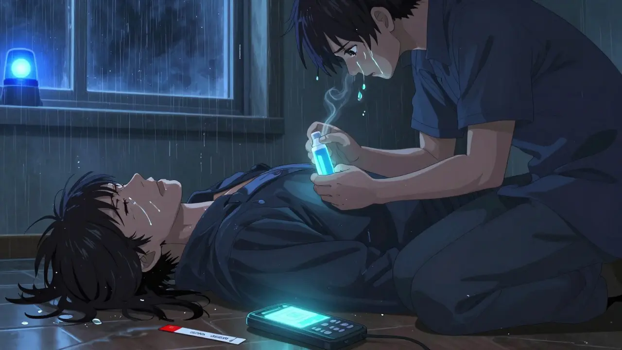 Scène de secours : une personne administre de la naloxone à quelqu'un en surdose, bandelette de test et téléphone d'urgence en premier plan.