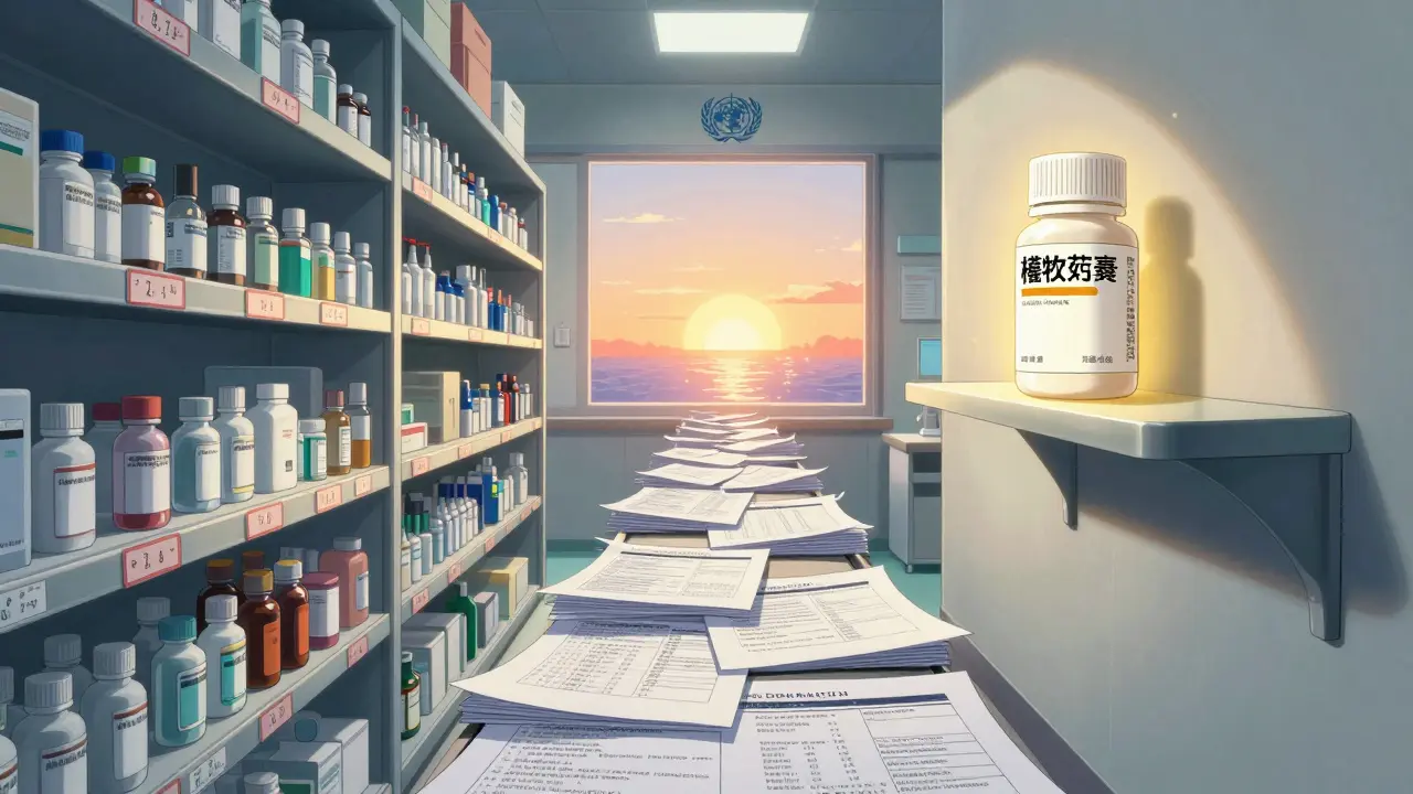 Scène divisée : pharmacie occidentale surchargée vs. clinique simple avec un seul générique essentiel.