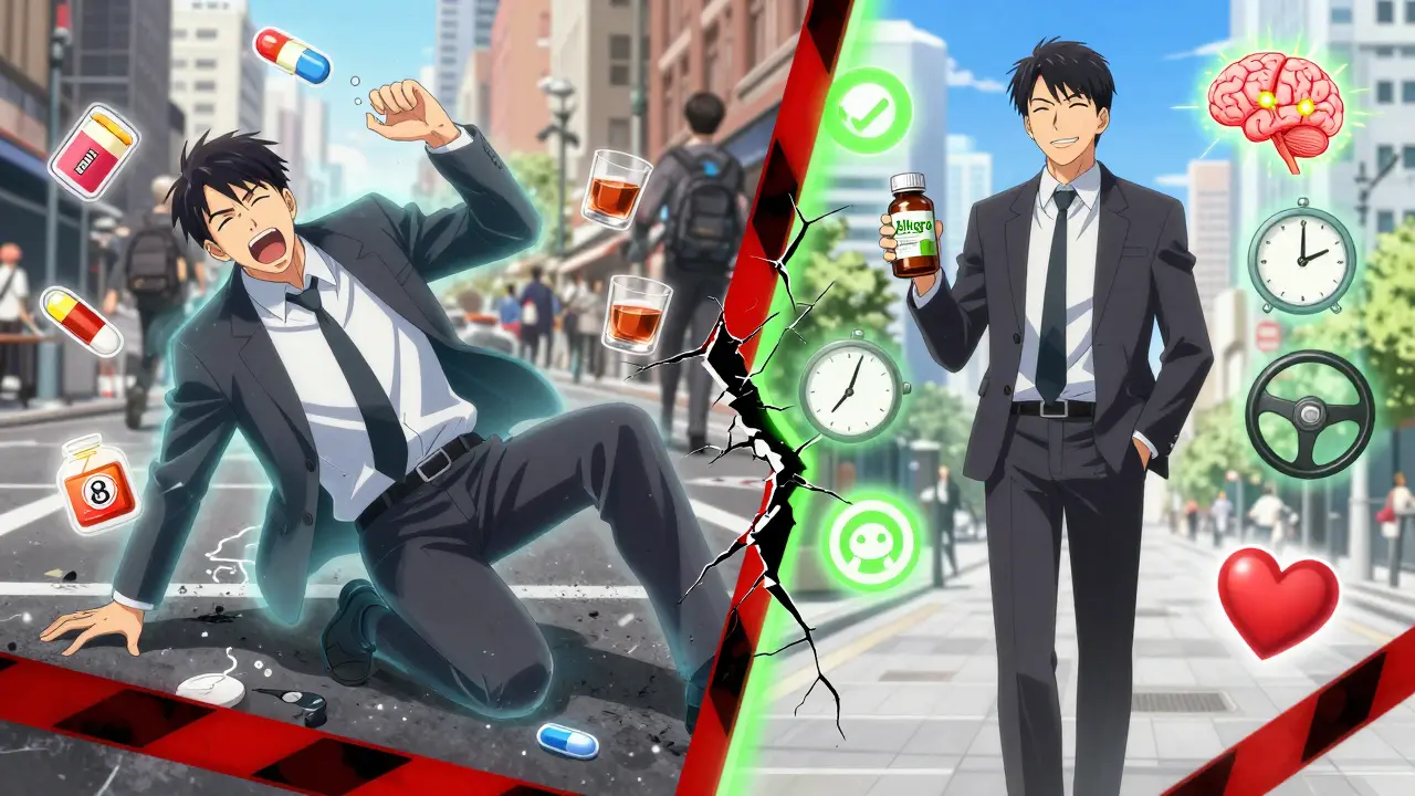 Scène divisée : un homme en danger avec des médicaments dangereux à gauche, et en sécurité avec un antihistaminique sûr à droite.