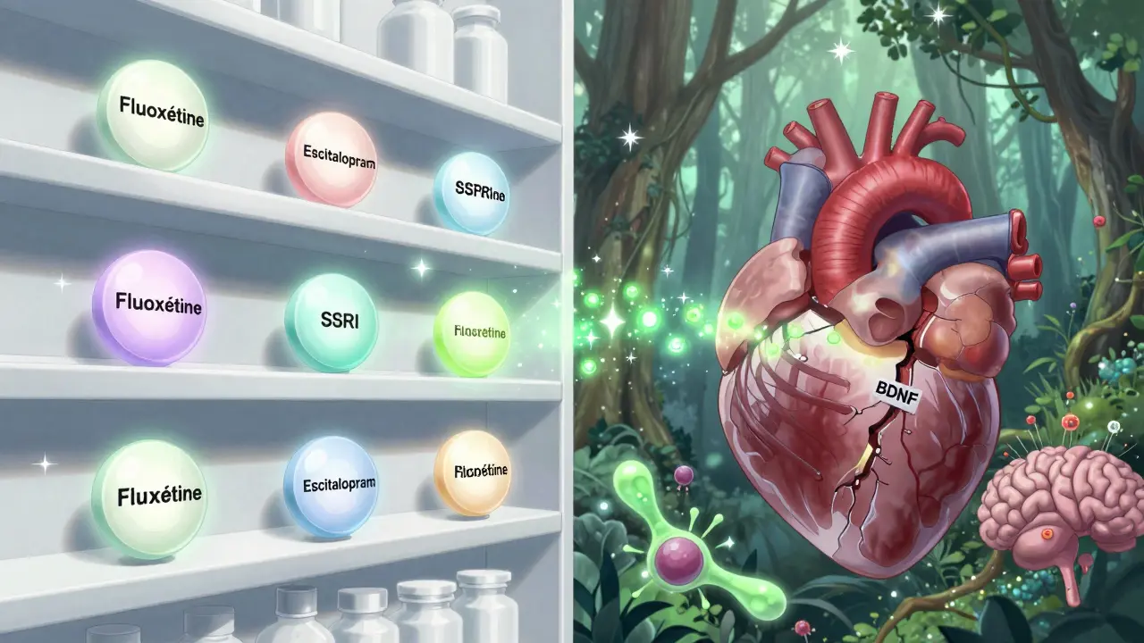 Six pilules SSRI flottant comme des étoiles, avec une cœur qui se répare et des protéines BDNF brillantes.