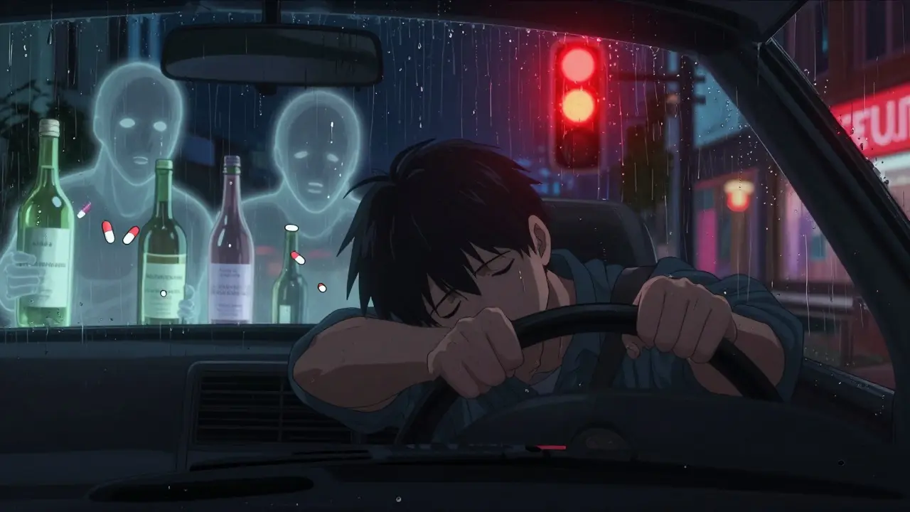 Un conducteur endormi au volant la nuit, des silhouettes fantomatiques de pilules et de vin flottent derrière lui.