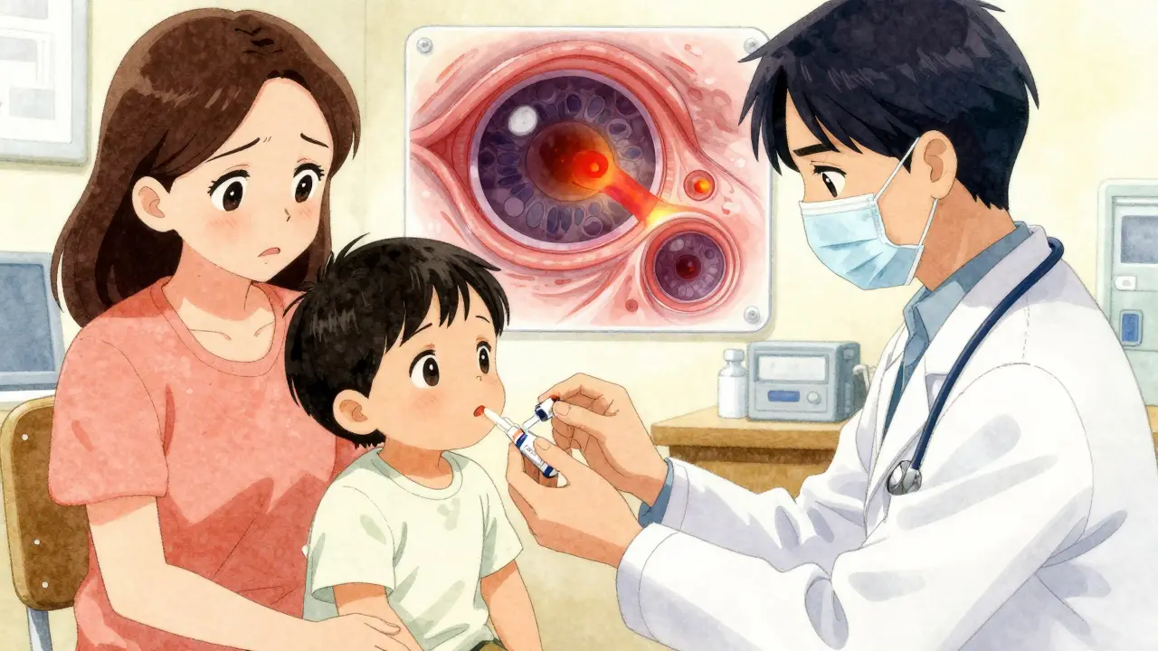 Un enfant de 18 mois reçoit un traitement antihistaminique liquide en présence de son médecin.