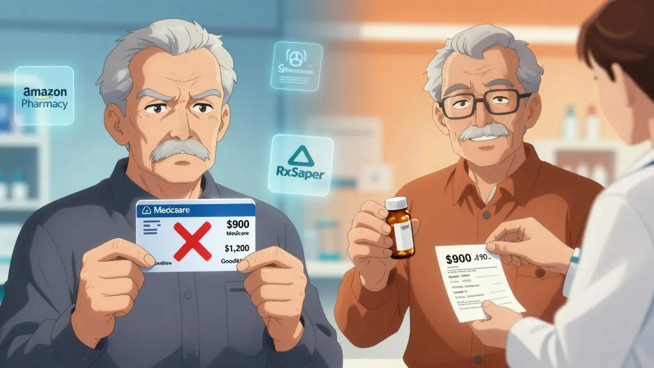 Un homme âgé compare les coûts de son traitement sous Medicare avec les coupons GoodRx, face à un pharmacien.