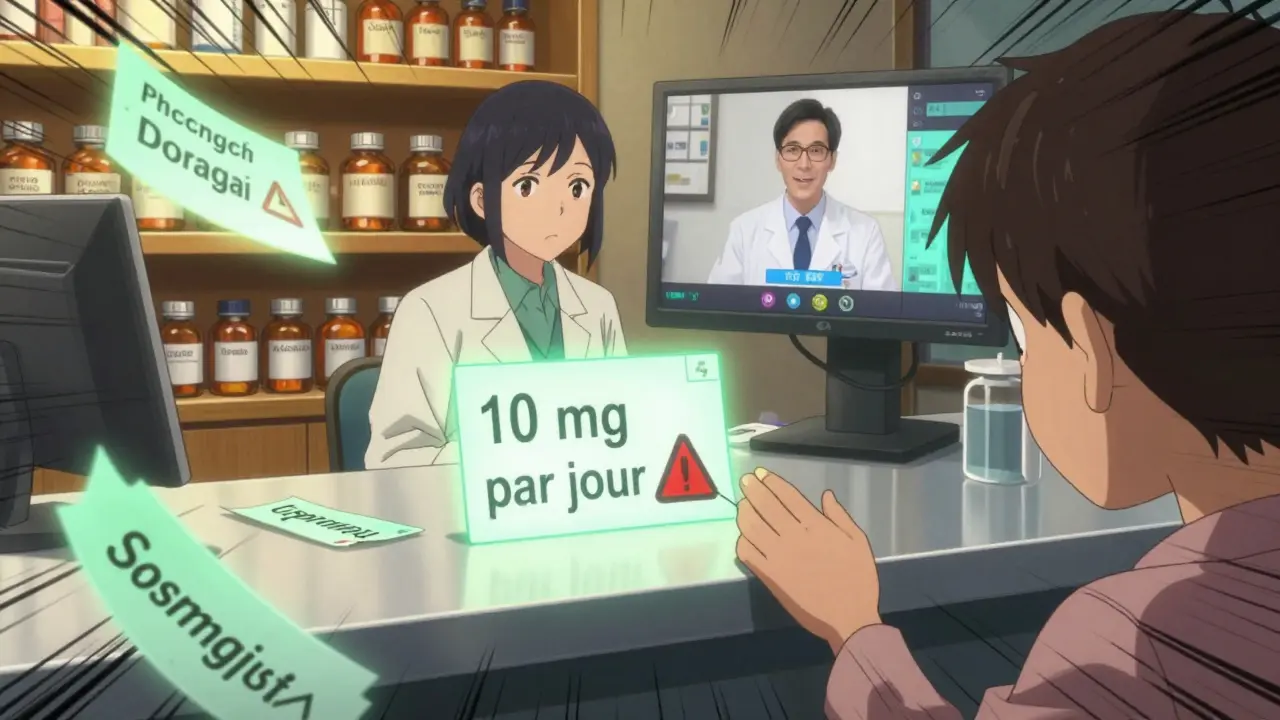 Un pharmacien entouré d'étiquettes de médicaments multilingues mal traduites, avec un écran de vidéo-interprétation en arrière-plan et un enfant tendant la main vers une pilule.