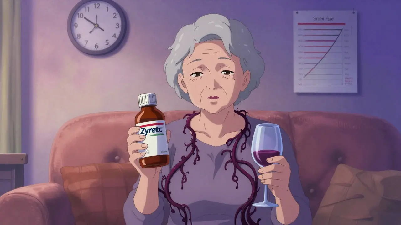 Une femme âgée tenant un comprimé et un verre de vin, des énergies somnifères s'étendant dans son corps.