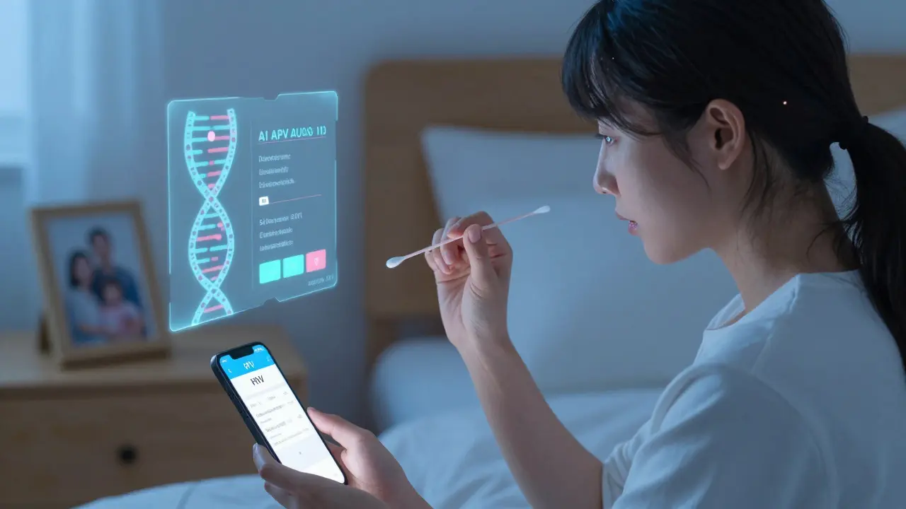 Une femme effectue un auto-prélèvement HPV chez elle, entourée de lumière douce et d'une interface numérique.