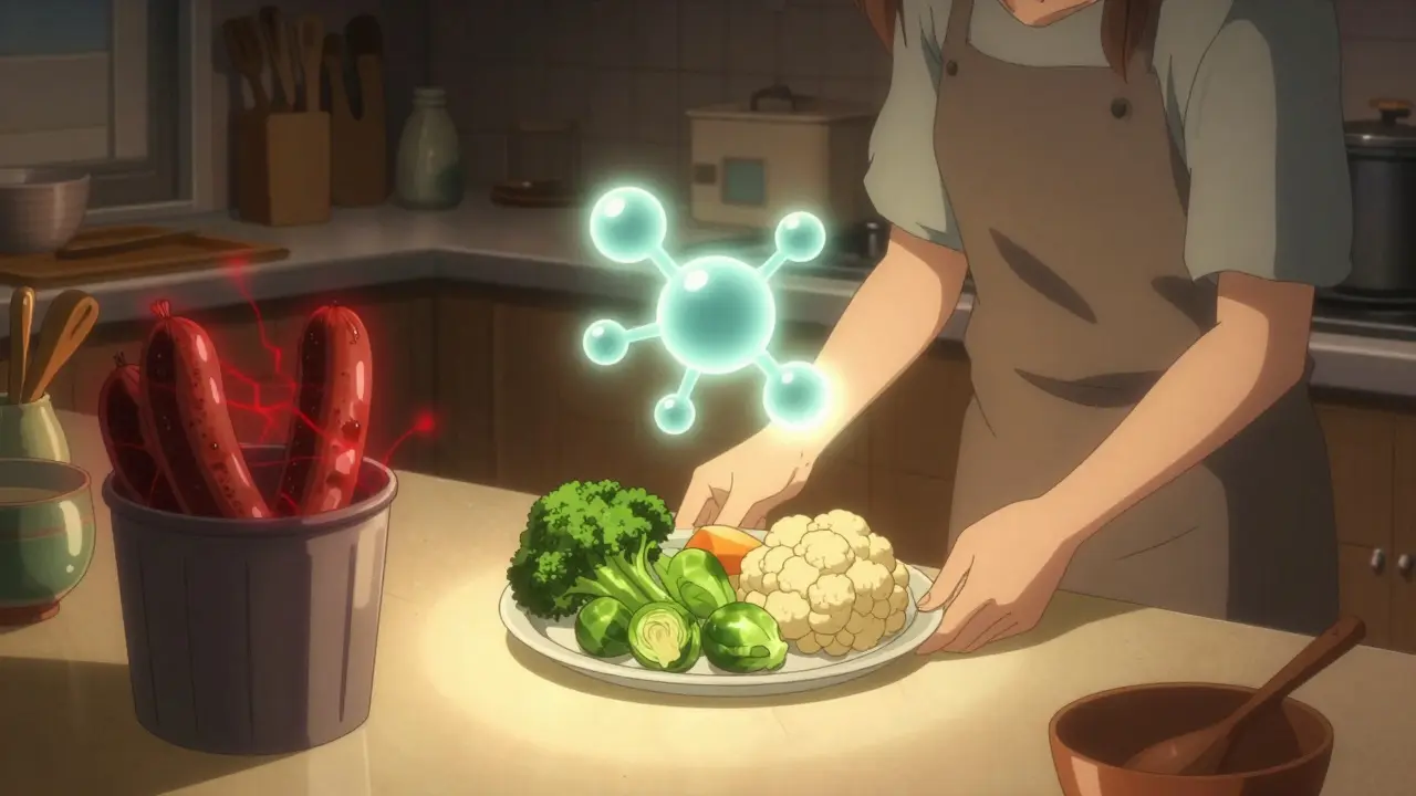 Une femme préparant des légumes crucifères dans une cuisine, un composé lumineux flottant au-dessus.