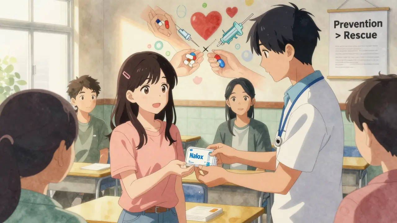 Une femme reçoit un kit de naloxone dans un centre communautaire, entourée de soutien et de lumière douce.