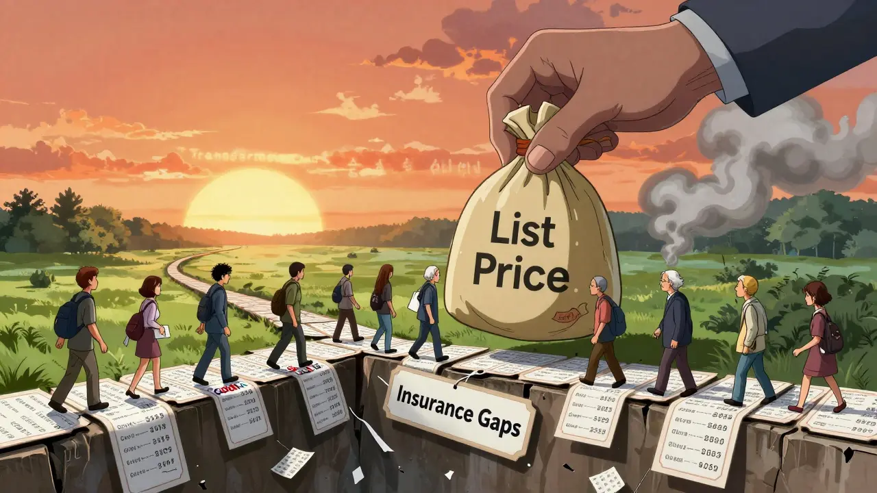 Une métaphore visuelle : des personnes traversent un pont de coupons pour échapper à un gouffre de coûts médicaux.