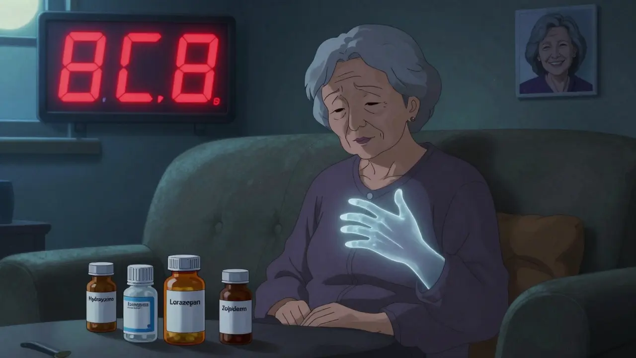 Une personne âgée entourée de bouteilles de médicaments, avec un score ACB rouge flottant au-dessus d'elle.