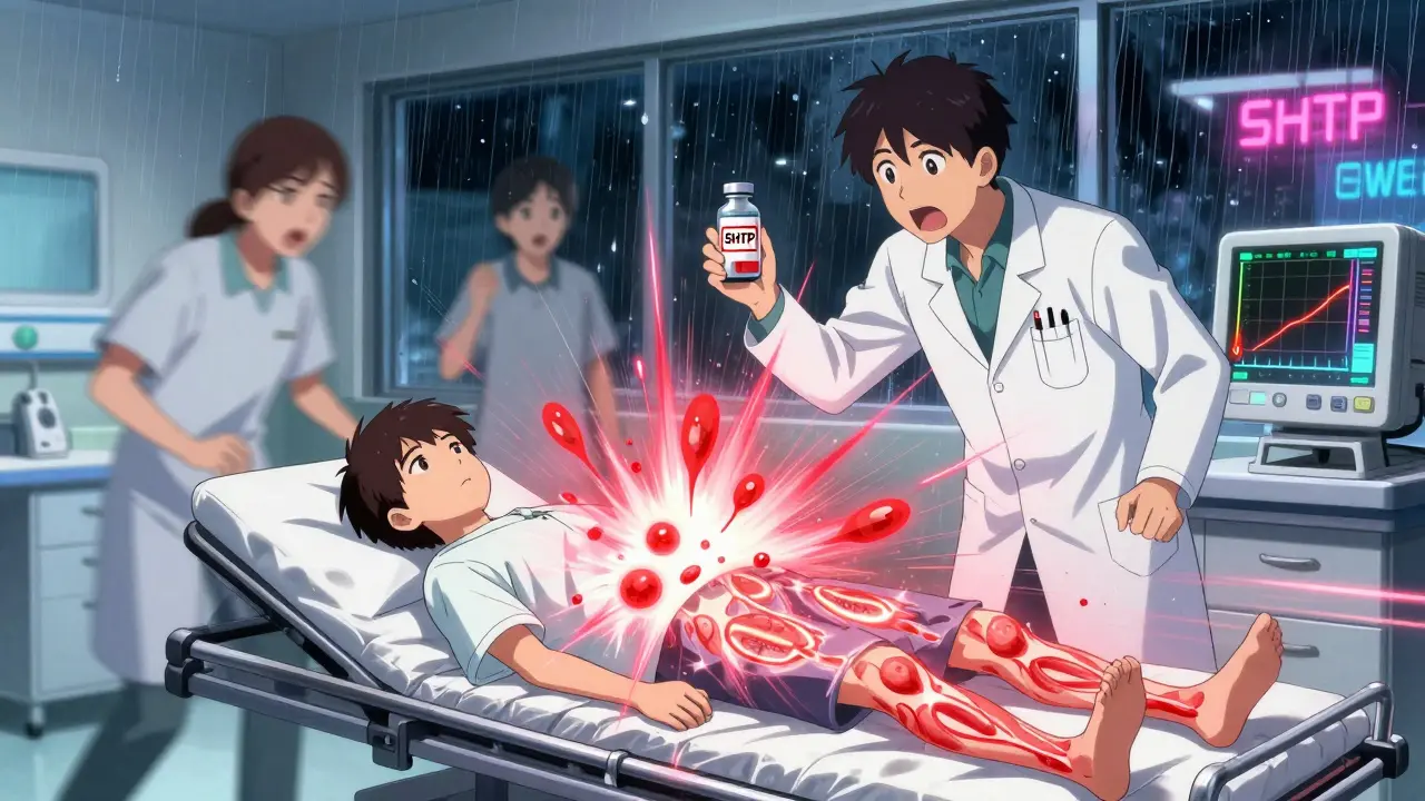 Urgence médicale dans un hôpital : patient en crise avec des molécules de sérotonine exploser autour de lui, personnel médical en action.