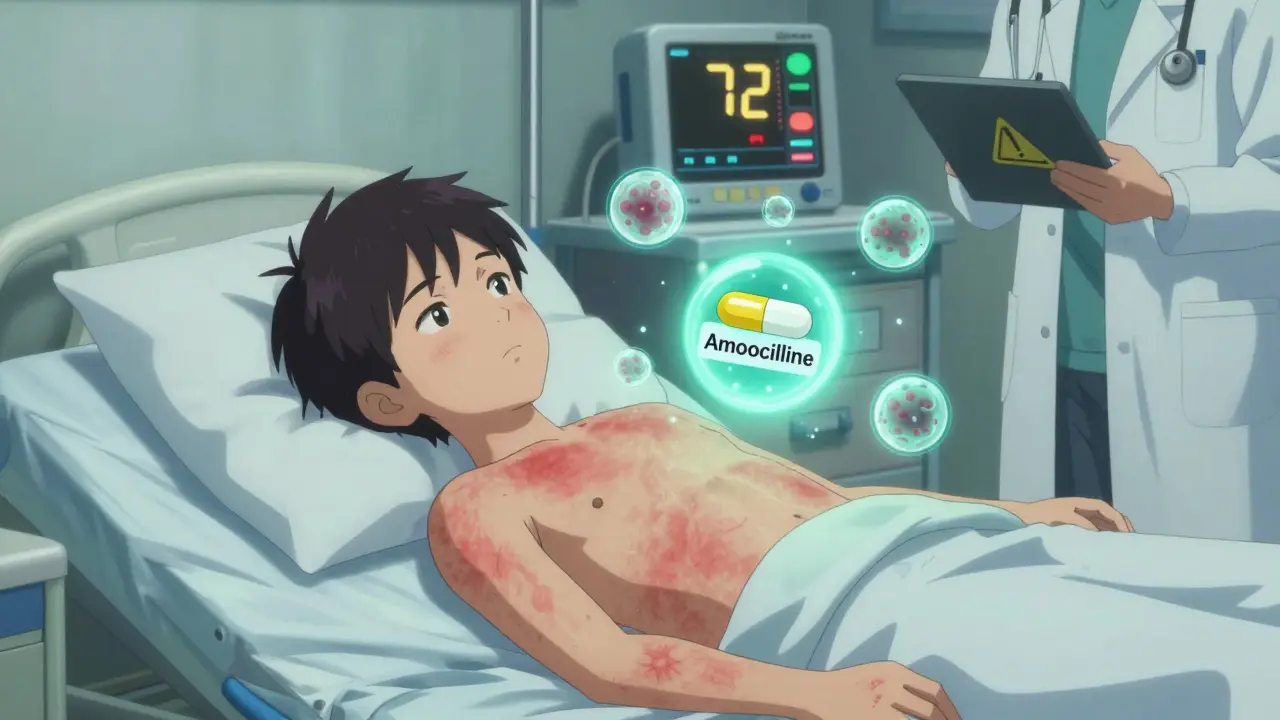 Adolescent avec une éruption cutanée et des symboles de cellules T autour d'un antibiotique, dans une chambre d'hôpital.