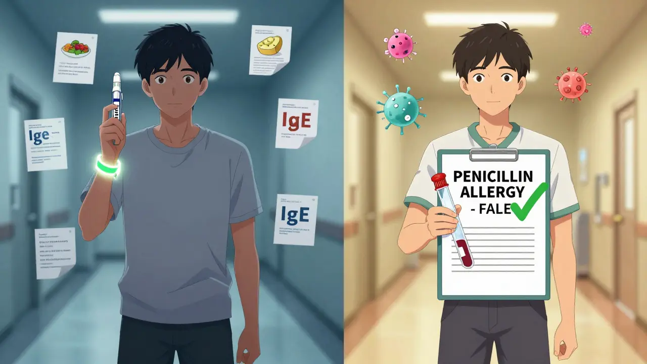 Comparaison visuelle d'une vraie allergie alimentaire avec un EpiPen et d'une allergie médicamenteuse faussement diagnostiquée.