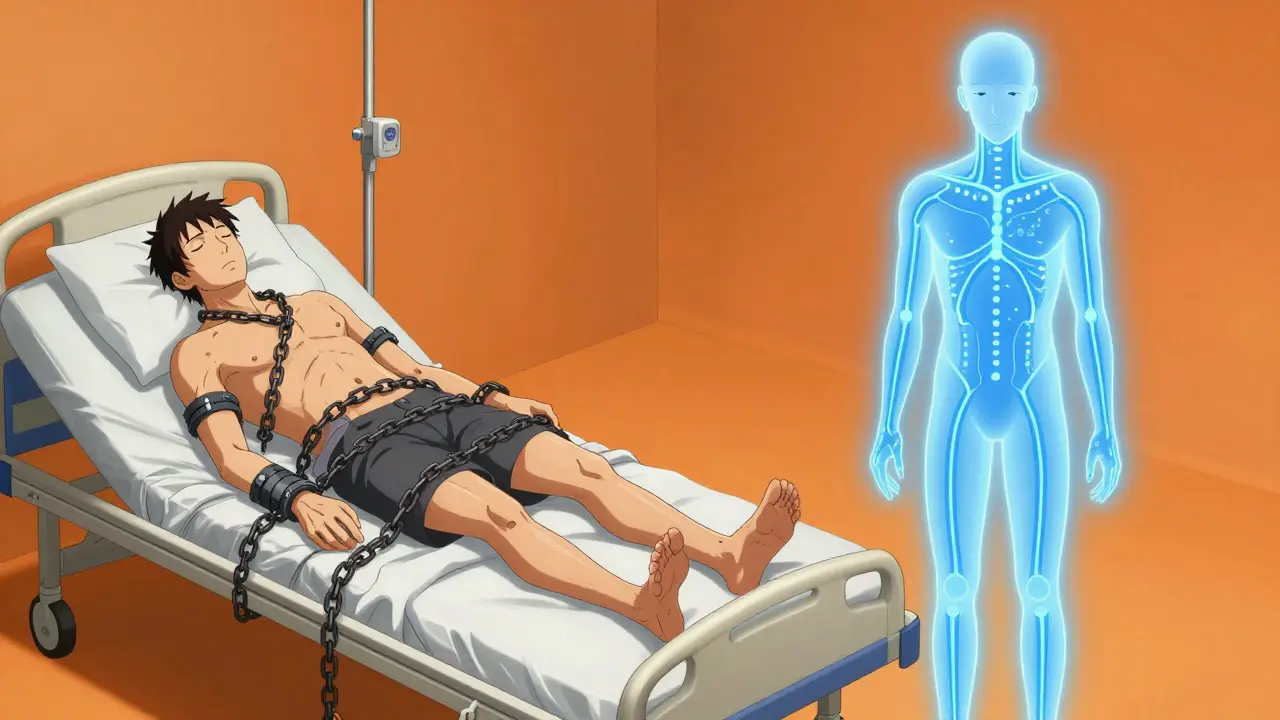 Deux versions d'un patient : l'une paralysée par un antipsychotique dangereux, l'autre stabilisée grâce à la clozapine, dans un contraste visuel dramatique.