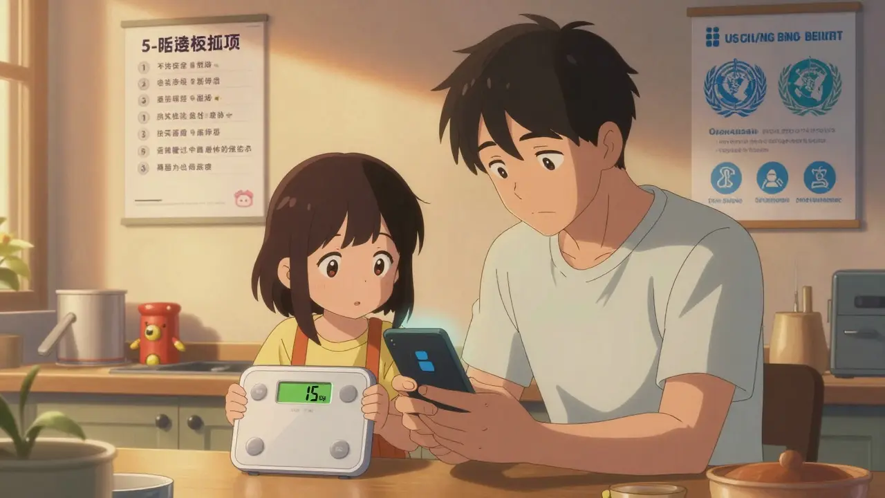 Famille vérifiant le poids d'un enfant et la dose médicamenteuse avec une application sur smartphone en arrière-plan.